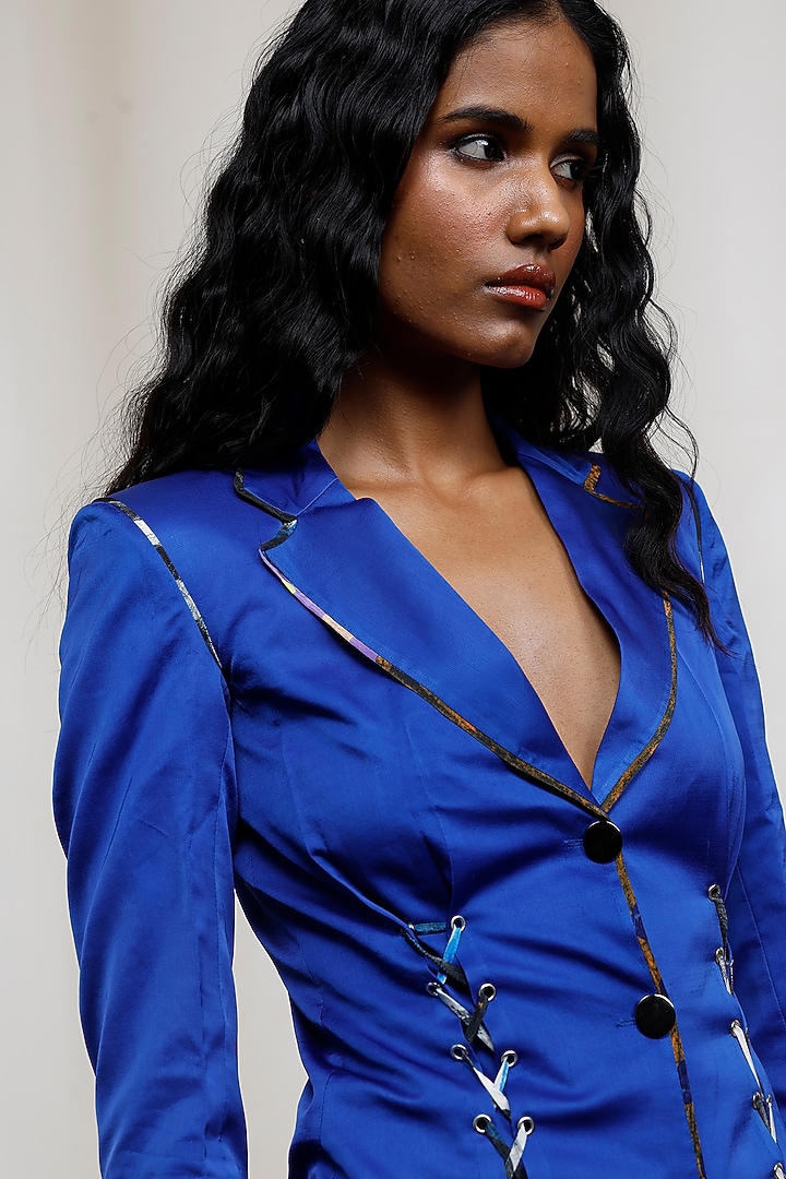 Cobalt Blue Georgette Satin Printed Blazer Vacation Dress by Advait at Pernia's Pop Up Shop
