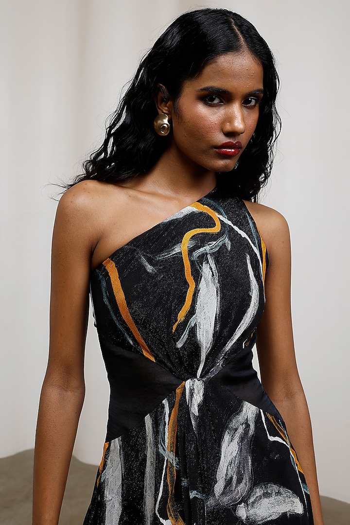 Black Chiffon Lurex One-Shoulder Structured Mini Summer Dress by Advait at Pernia's Pop Up Shop