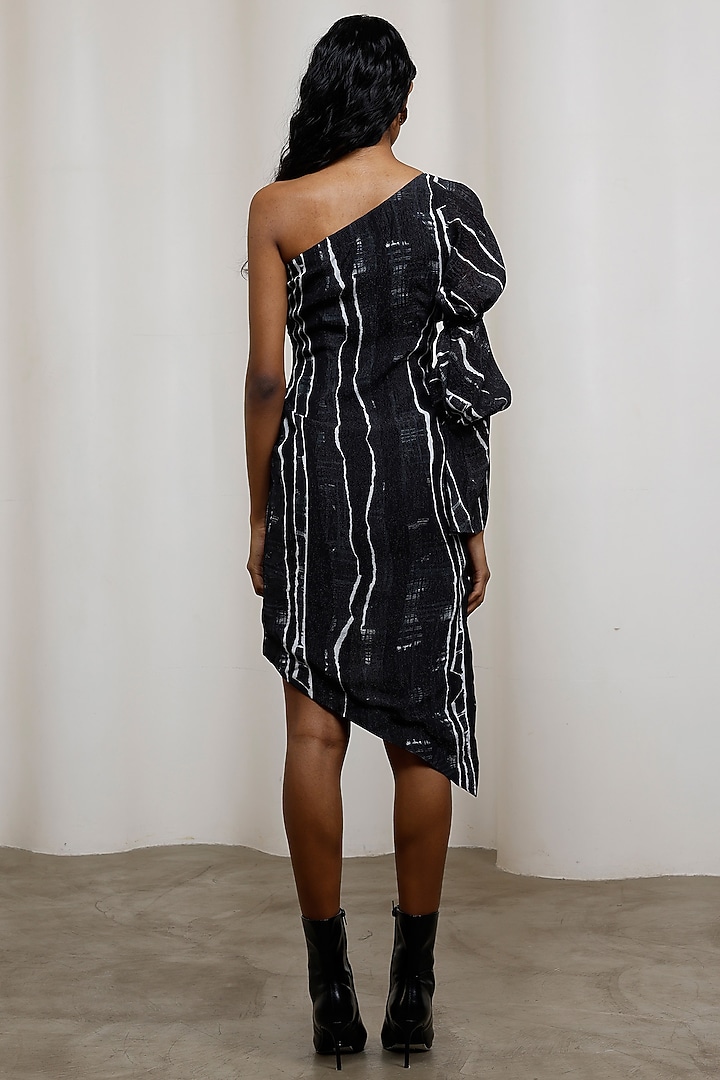 Black Chiffon Lurex One-Shoulder Structured Mini Summer Dress by Advait at Pernia's Pop Up Shop