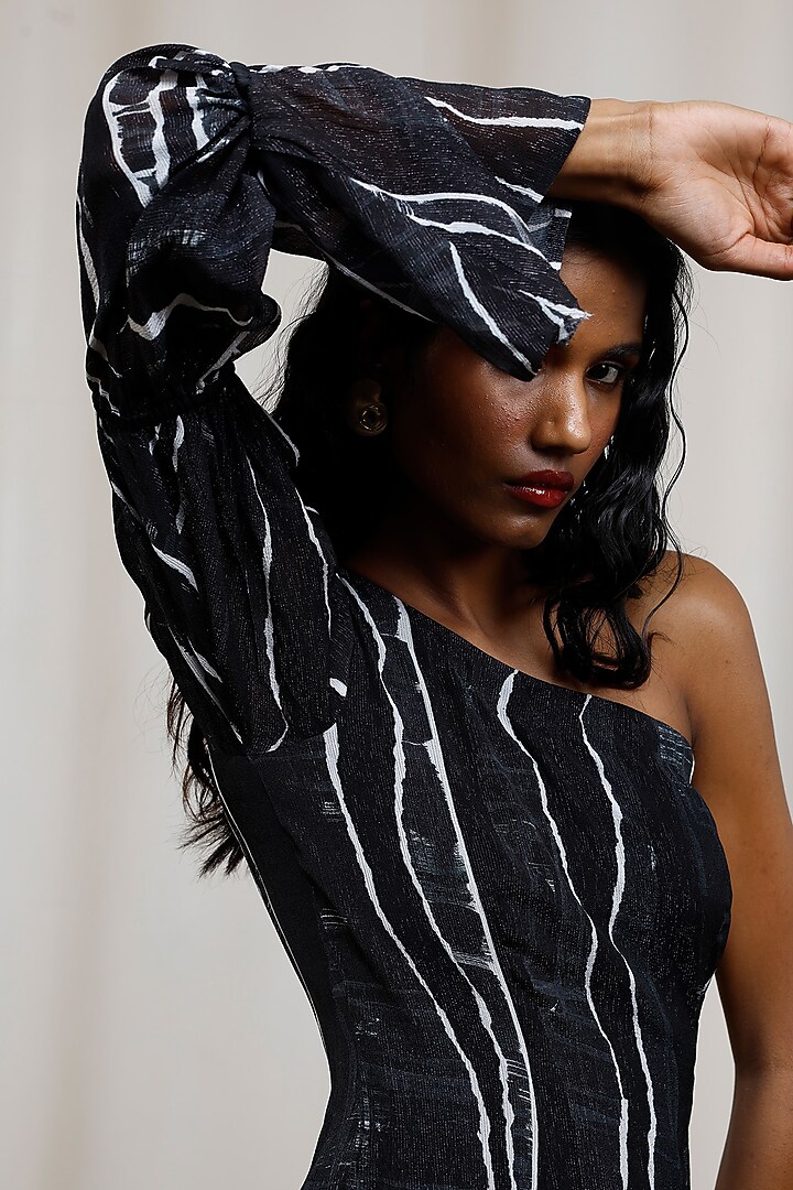 Black Chiffon Lurex One-Shoulder Structured Mini Summer Dress by Advait at Pernia's Pop Up Shop
