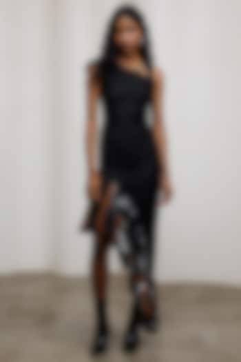 Black Poly Suiting & Crinkle Chiffon Sleeveless Asymmetric Summer Dress by Advait at Pernia's Pop Up Shop