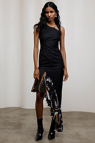 Black Poly Suiting & Crinkle Chiffon Sleeveless Asymmetric Dress by Advait