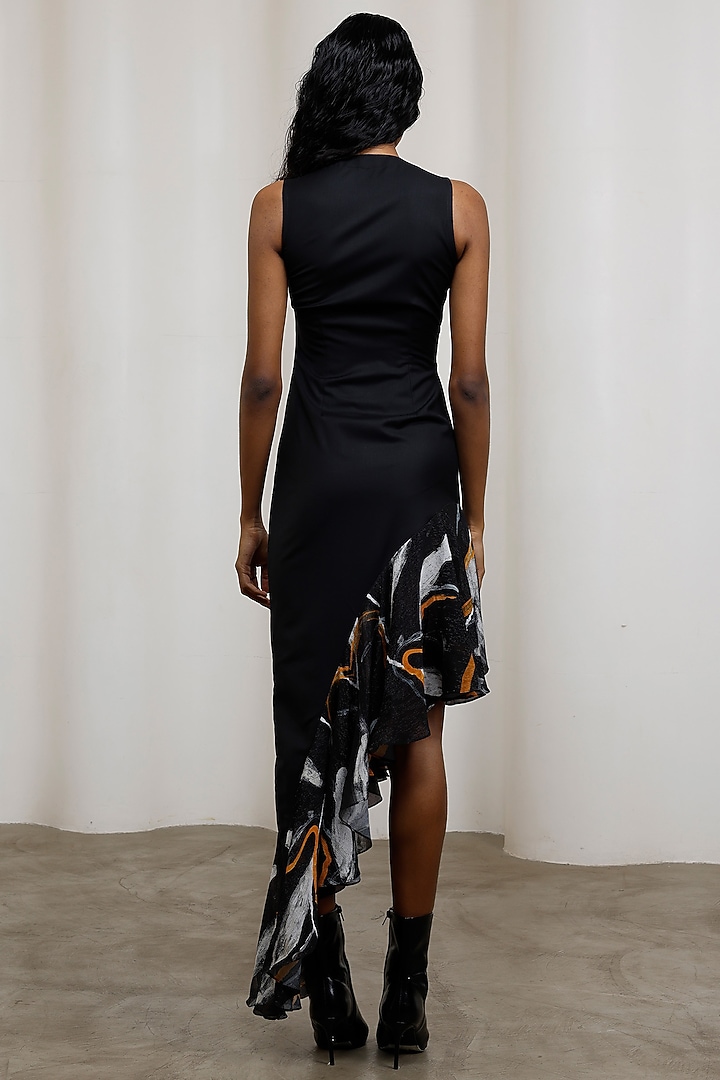 Black Poly Suiting & Crinkle Chiffon Sleeveless Asymmetric Summer Dress by Advait at Pernia's Pop Up Shop