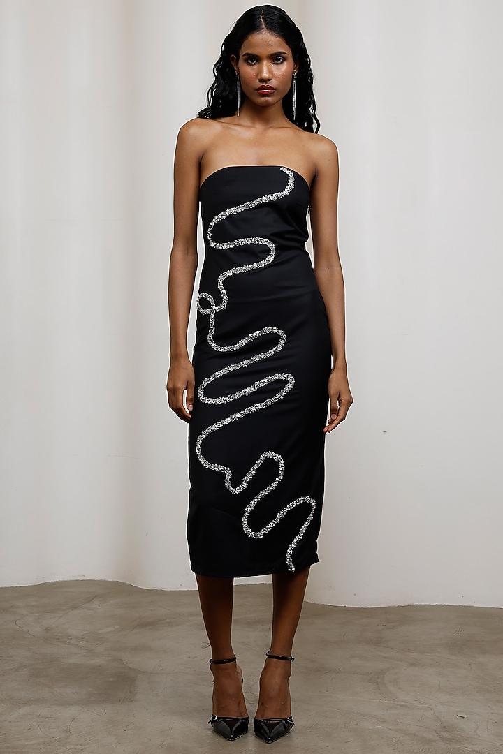 Black Poly Suiting Strapless Midi Vacation Dress by Advait at Pernia's Pop Up Shop