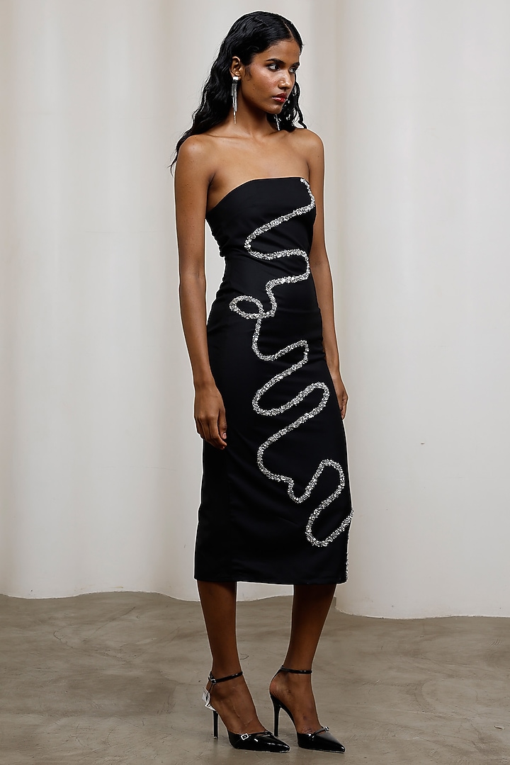 Black Poly Suiting Strapless Midi Vacation Dress by Advait at Pernia's Pop Up Shop