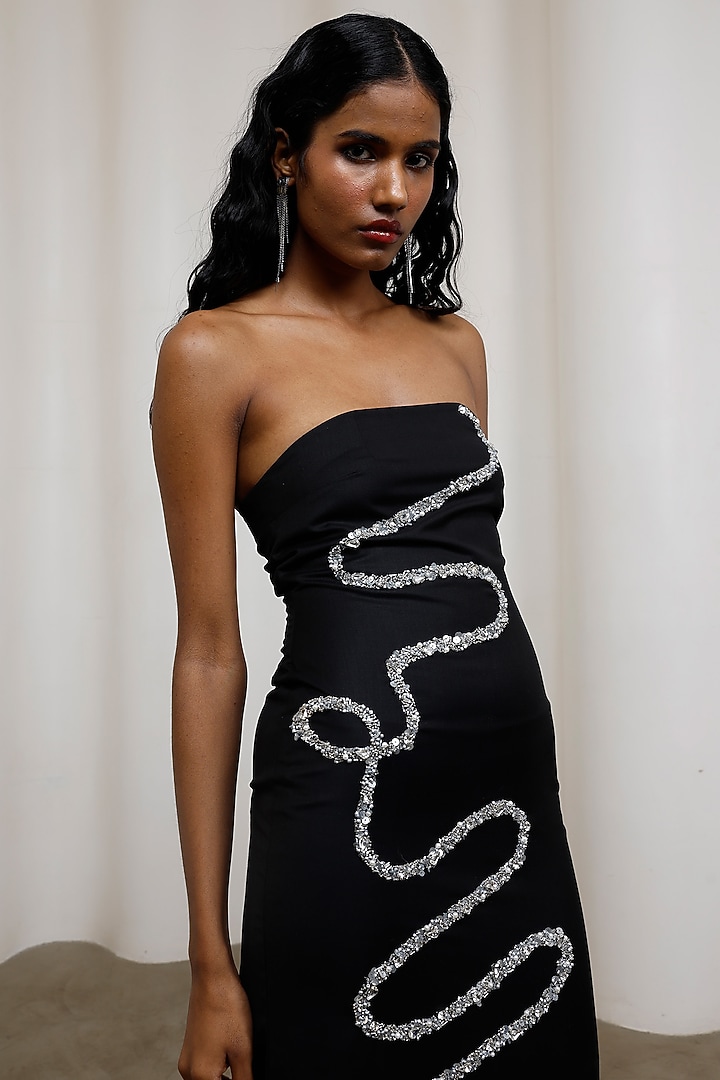 Black Poly Suiting Strapless Midi Vacation Dress by Advait at Pernia's Pop Up Shop