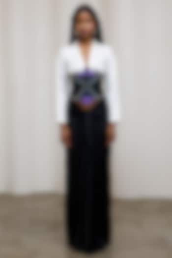 White & Black Satin Twill Corset-Style Shirt by Advait at Pernia's Pop Up Shop