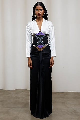 White & Black Satin Twill Corset-Style Shirt by Advait