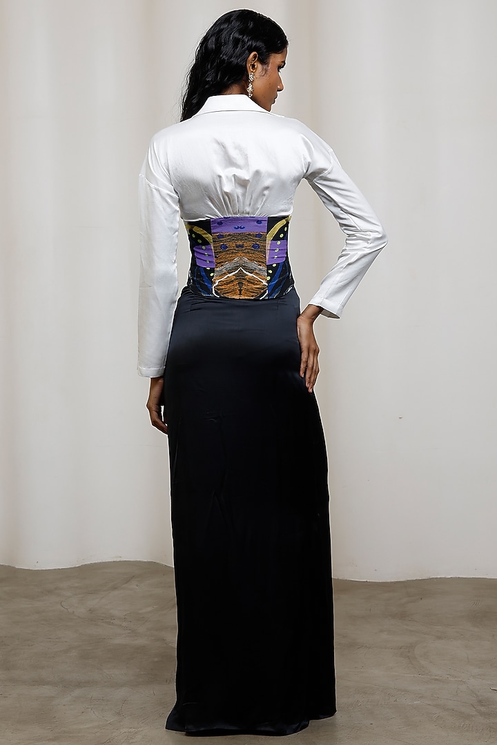White & Black Satin Twill Corset-Style Shirt by Advait at Pernia's Pop Up Shop