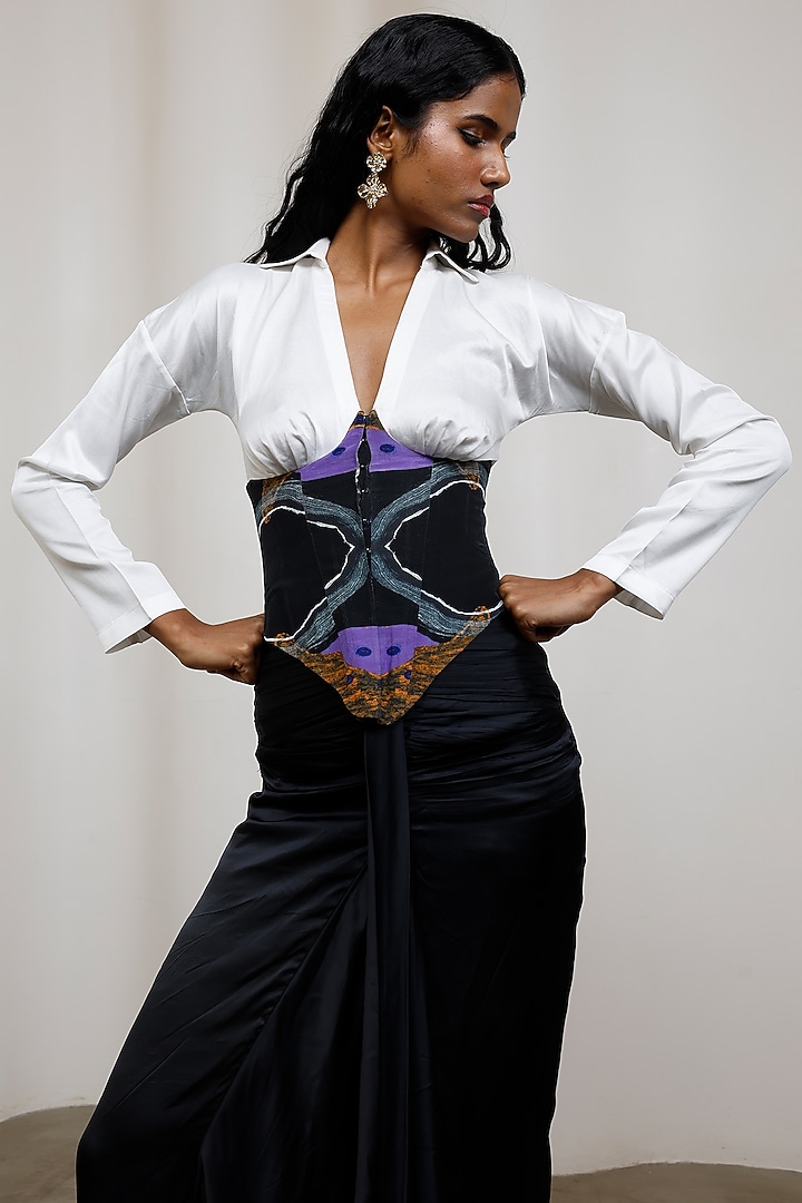 White & Black Satin Twill Corset-Style Shirt by Advait at Pernia's Pop Up Shop