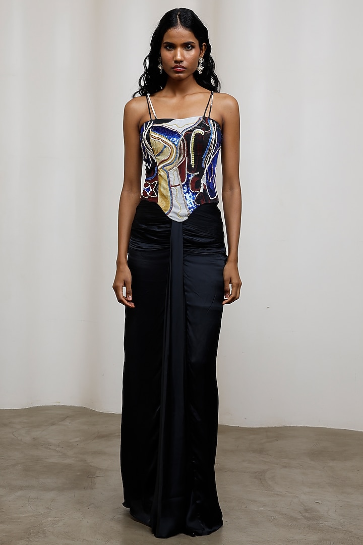 Black Poly Suiting Hand Embroidered Corset by Advait at Pernia's Pop Up Shop