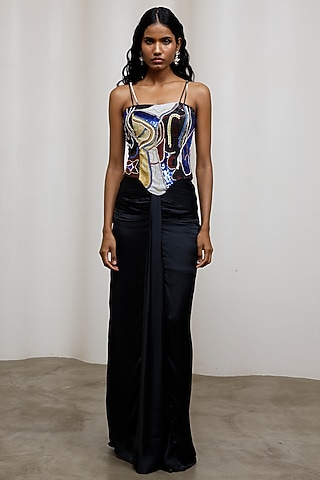 Black Poly Suiting Hand Embroidered Corset by Advait