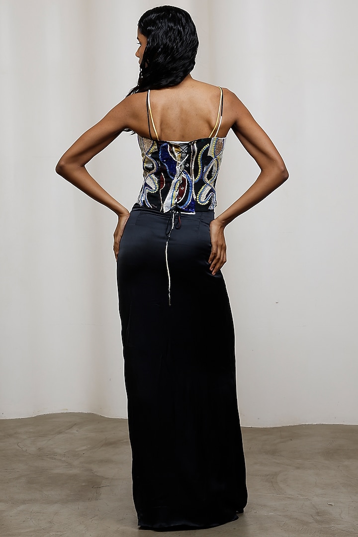 Black Poly Suiting Hand Embroidered Corset by Advait at Pernia's Pop Up Shop
