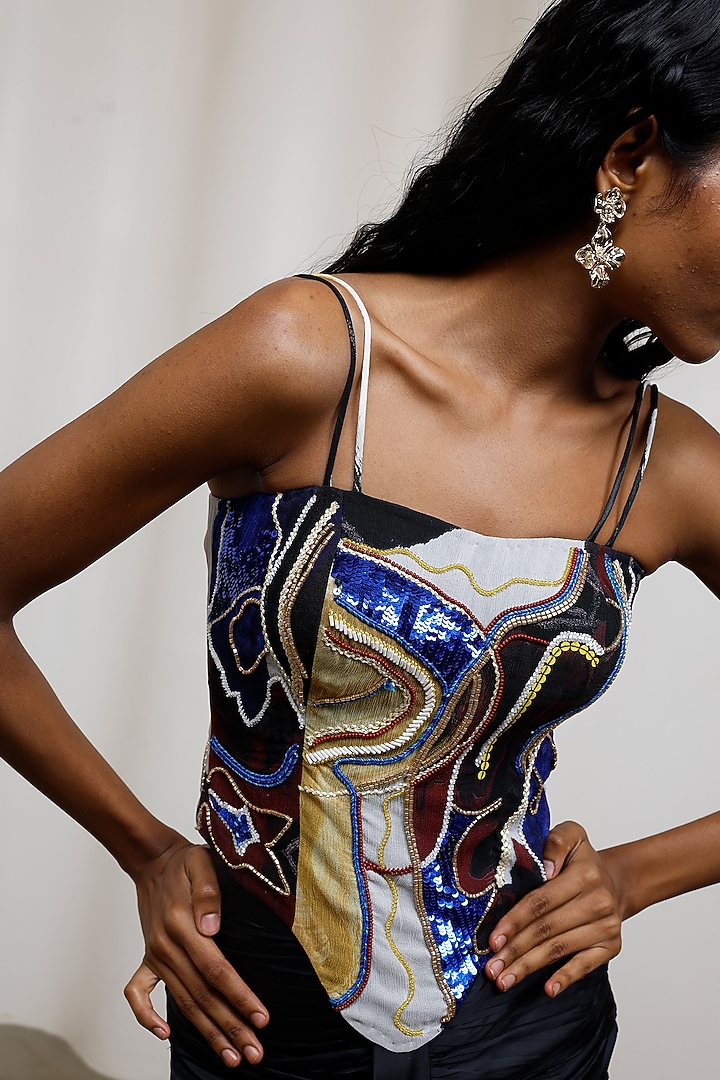 Black Poly Suiting Hand Embroidered Corset by Advait at Pernia's Pop Up Shop