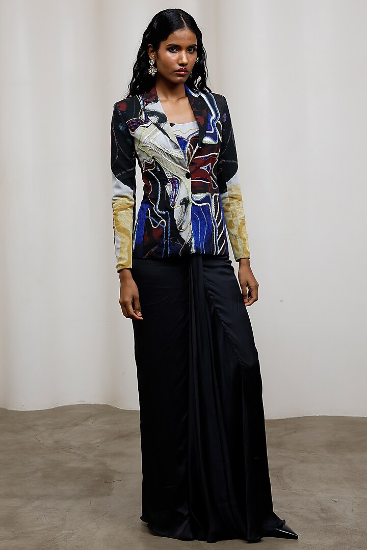 Black Crinkle Chiffon Draped Skirt Set by Advait at Pernia's Pop Up Shop