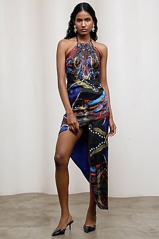 Black Georgette Satin High-Low Halter Dress by Advait