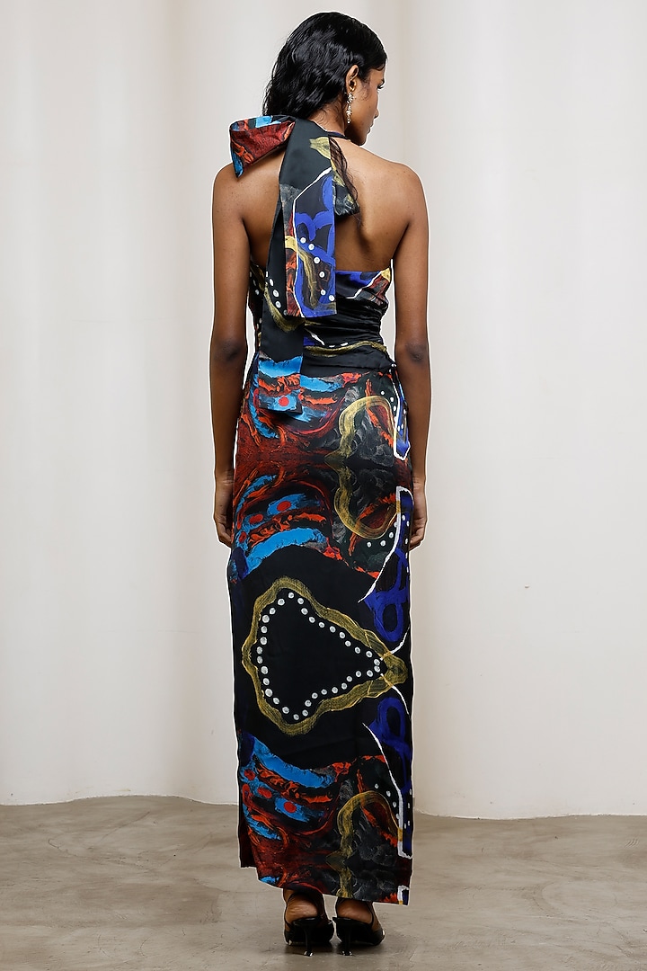 Black Georgette Satin Halter Maxi Vacation Dress by Advait at Pernia's Pop Up Shop