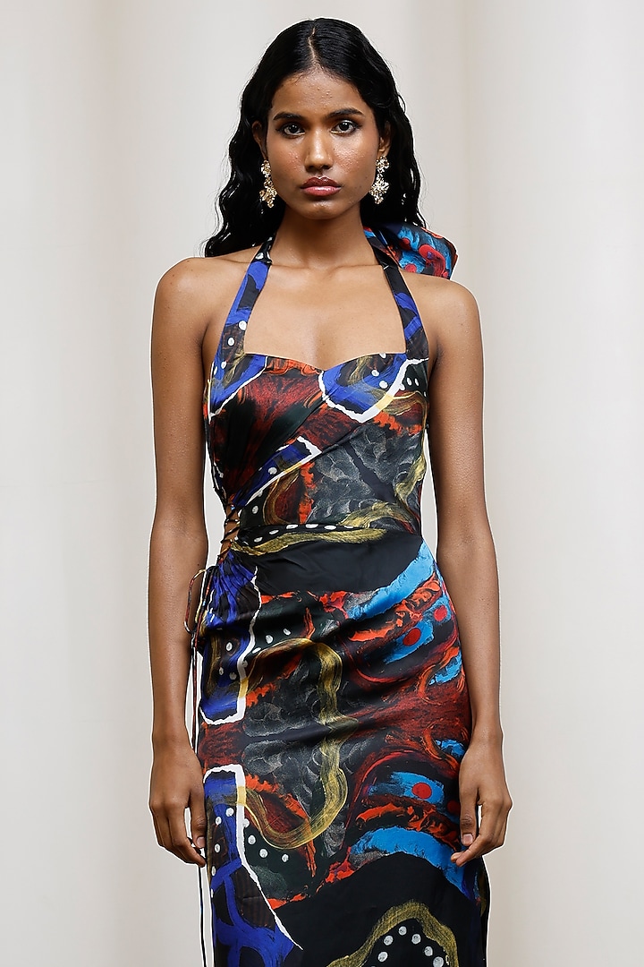 Black Georgette Satin Halter Maxi Vacation Dress by Advait at Pernia's Pop Up Shop