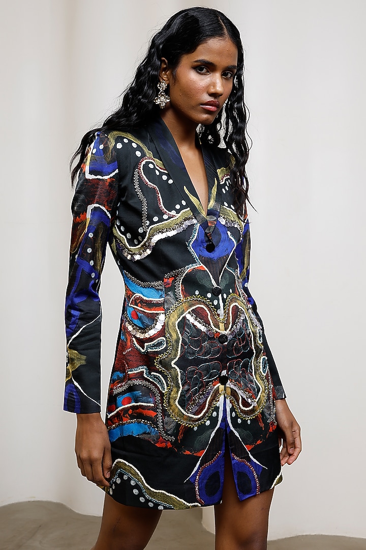 Black Georgette Satin Blazer Mini Vacation Dress by Advait at Pernia's Pop Up Shop