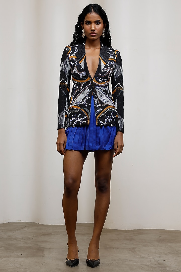 Blue Chiffon Lurex Mini Skirt Set by Advait at Pernia's Pop Up Shop