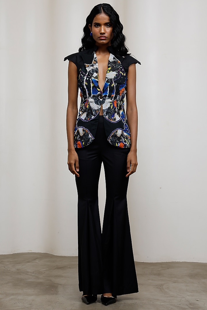 Black Poly Suiting Printed Co-Ord Set by Advait at Pernia's Pop Up Shop