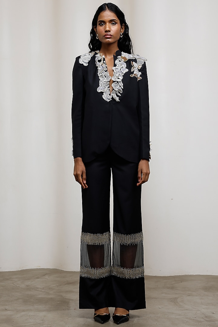 Black Poly Suiting Floral Applique Embroidered Co-Ord Set by Advait at Pernia's Pop Up Shop