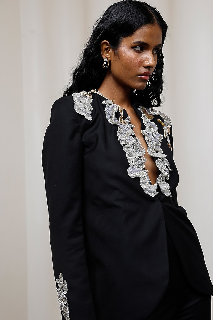Black Poly Suiting Floral Applique Embroidered Co-Ord Set by Advait at Pernia's Pop Up Shop