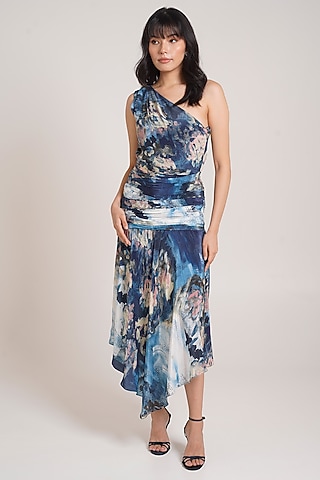 Multi-Colored Crepe Printed One-Shoulder Dress by Advait