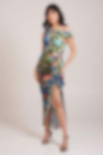 Multi-Colored Georgette Satin Abstract Printed Off-Shoulder Summer Dress by Advait at Pernia's Pop Up Shop