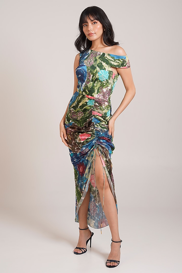 Multi-Colored Georgette Satin Abstract Printed Off-Shoulder Summer Dress by Advait at Pernia's Pop Up Shop