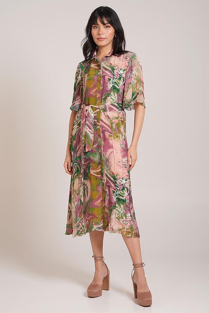 Multi-Colored Crepe Printed Midi Shirt Summer Dress by Advait at Pernia's Pop Up Shop