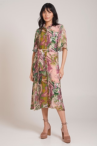Multi-Colored Crepe Printed Midi Shirt Dress by Advait