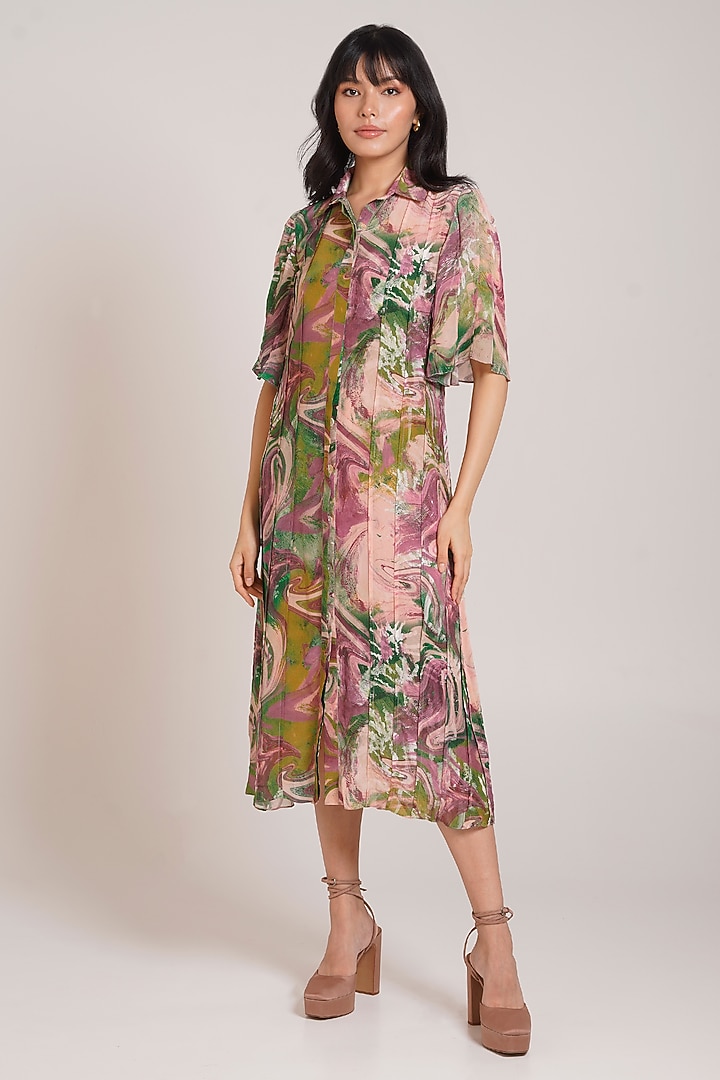 Multi-Colored Crepe Printed Midi Shirt Summer Dress by Advait at Pernia's Pop Up Shop