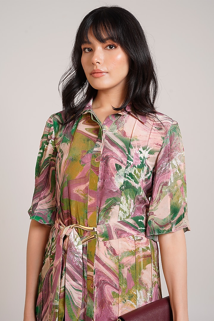 Multi-Colored Crepe Printed Midi Shirt Summer Dress by Advait at Pernia's Pop Up Shop