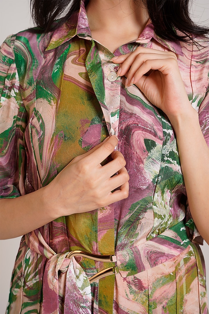 Multi-Colored Crepe Printed Midi Shirt Summer Dress by Advait at Pernia's Pop Up Shop