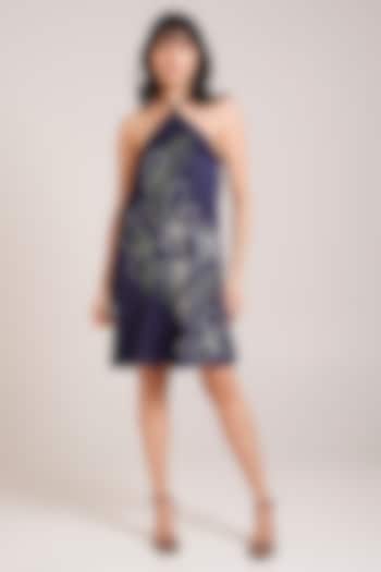 Black Cotton Satin Floral Embroidered Mini Summer Dress by Advait at Pernia's Pop Up Shop