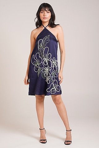 Black Cotton Satin Floral Embroidered Mini Dress by Advait