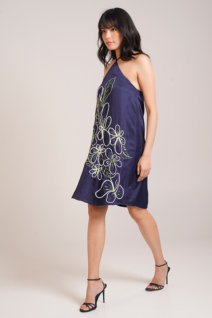 Black Cotton Satin Floral Embroidered Mini Summer Dress by Advait at Pernia's Pop Up Shop