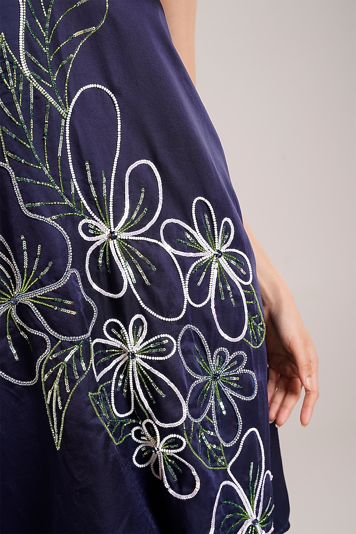 Black Cotton Satin Floral Embroidered Mini Summer Dress by Advait at Pernia's Pop Up Shop