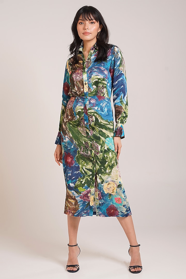 Multi-Colored Georgette Satin Printed Midi Summer Dress by Advait at Pernia's Pop Up Shop
