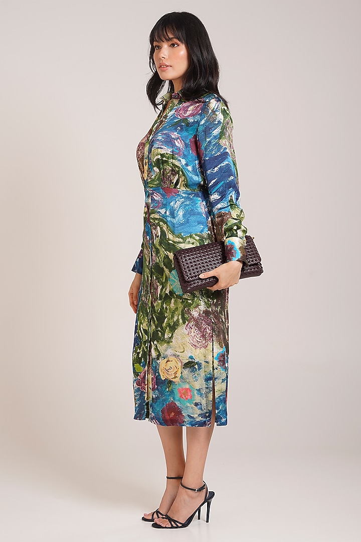Multi-Colored Georgette Satin Printed Midi Summer Dress by Advait at Pernia's Pop Up Shop