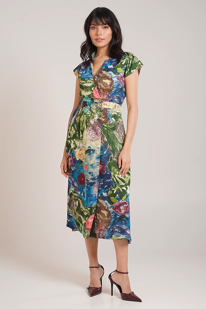 Multi-Colored Georgette Satin Printed Midi Summer Dress by Advait at Pernia's Pop Up Shop