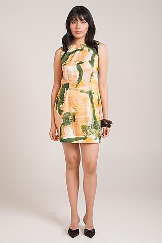 Multi-Colored Cotton Satin Printed Sleeveless Mini Dress by Advait