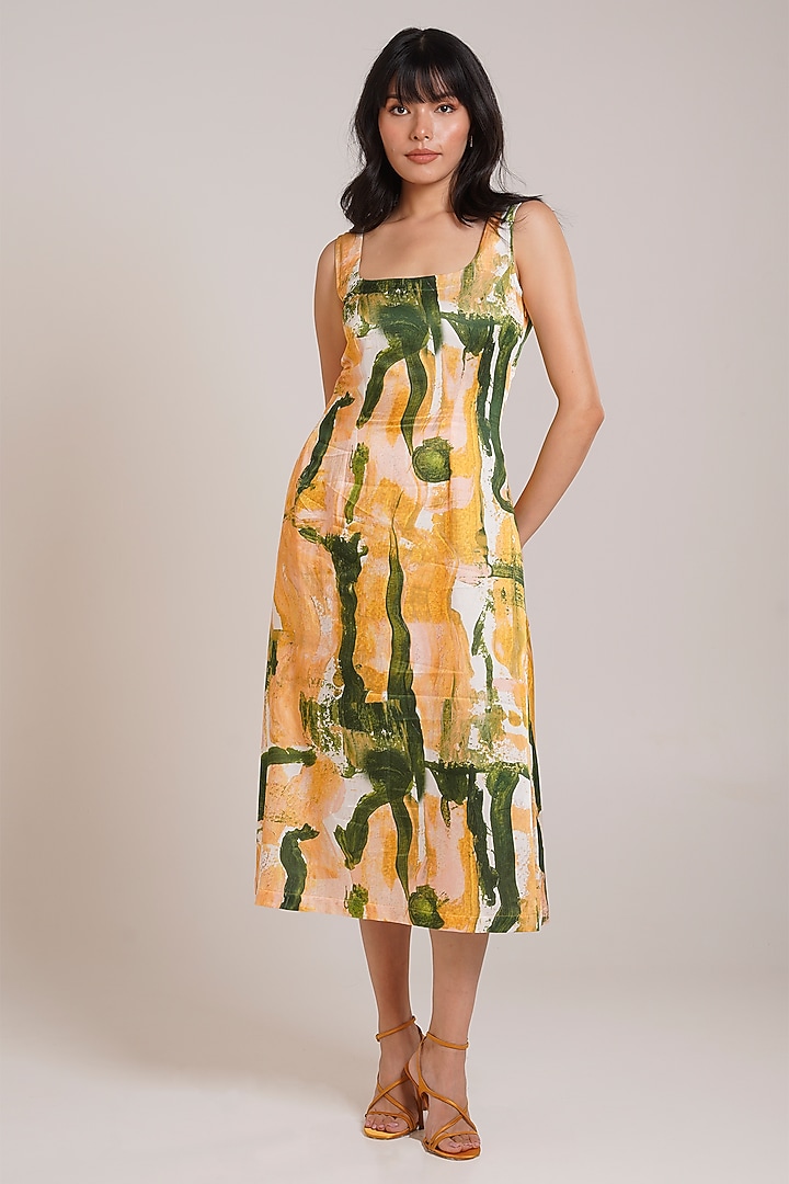 Multi-Colored Cotton Satin Printed Midi Summer Dress by Advait at Pernia's Pop Up Shop
