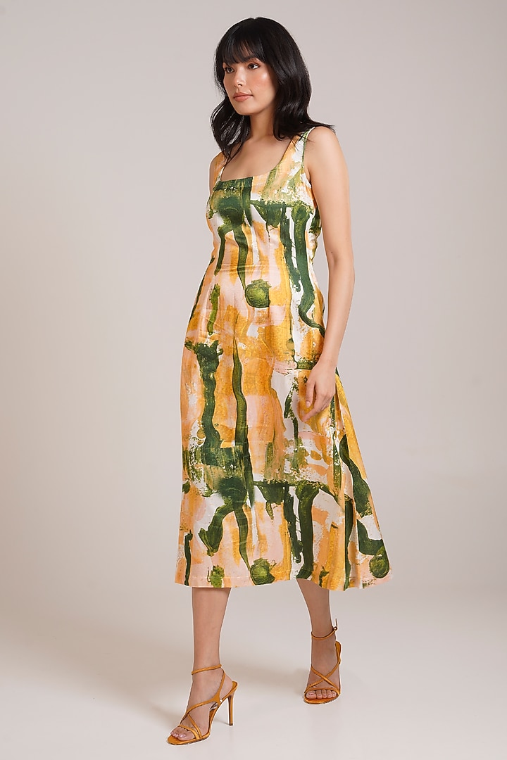 Multi-Colored Cotton Satin Printed Midi Summer Dress by Advait at Pernia's Pop Up Shop