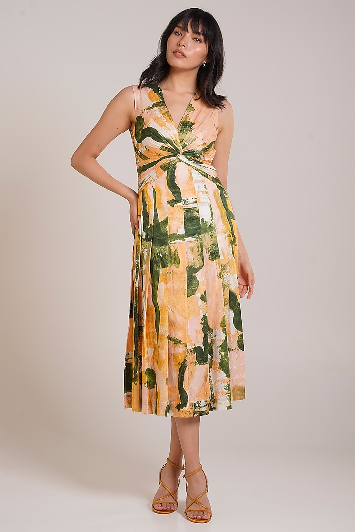 Multi-Colored Cotton Satin Printed Midi Summer Dress by Advait at Pernia's Pop Up Shop