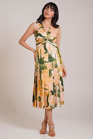 Multi-Colored Cotton Satin Printed Midi Dress by Advait