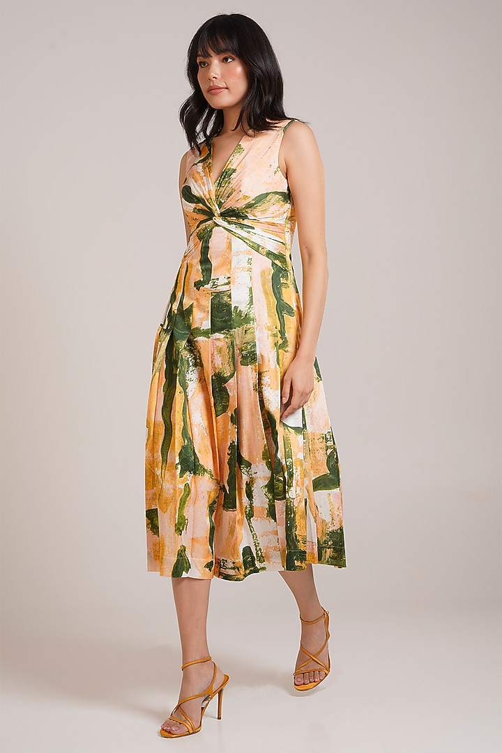 Multi-Colored Cotton Satin Printed Midi Summer Dress by Advait at Pernia's Pop Up Shop
