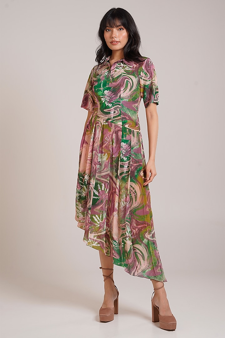 Multi-Colored Crepe Printed Midi Summer Dress by Advait at Pernia's Pop Up Shop