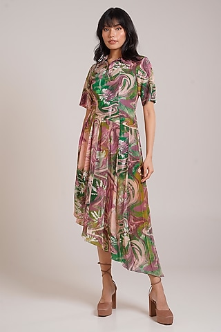 Multi-Colored Crepe Printed Midi Dress by Advait